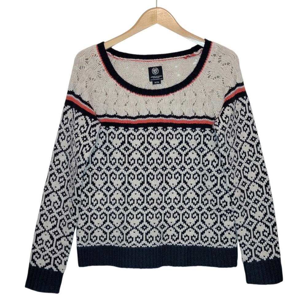American Eagle Fair Isle Wool Alpaca Blend Sweater Blue Cream Scoop Neck M